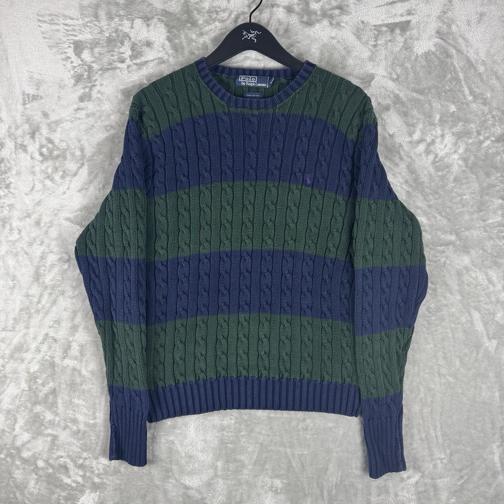 Vintage Polo Ralph‎ Lauren Sweater Striped Cotton Cable Knit Mens Large Preppy